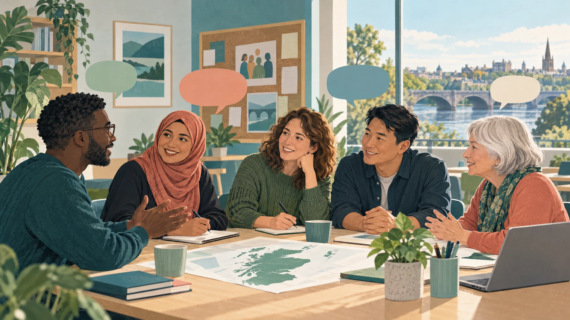 Editorial illustration of adults learning and talking together in a welcoming community space