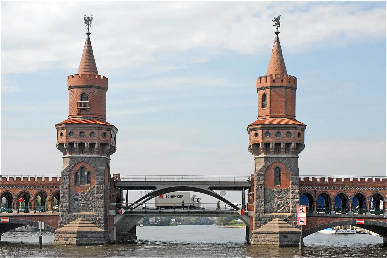 The towers and central span of Oberbaum Bridge across the River Spree in Berlin